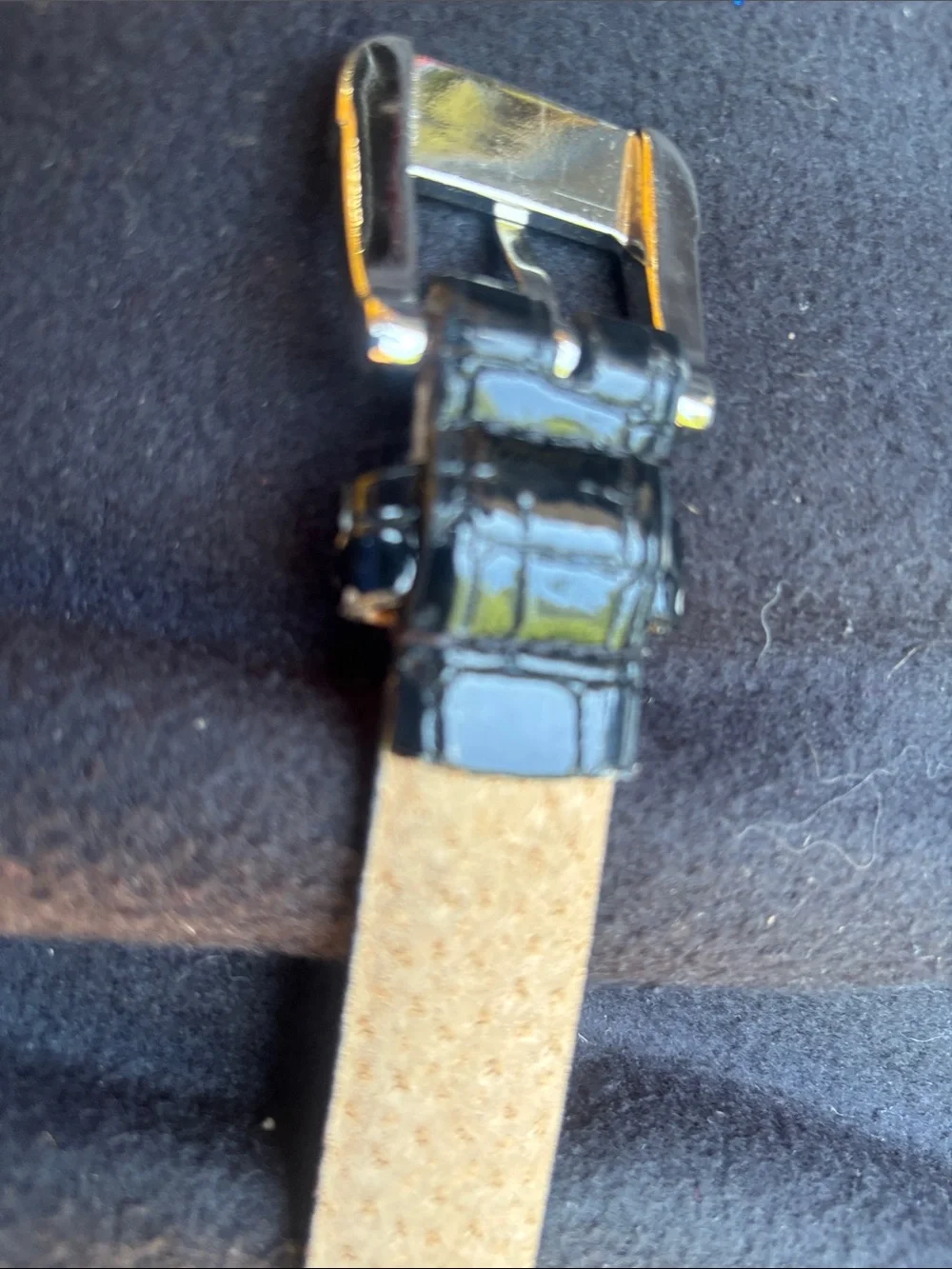 Perry Ellis Croc-Embossed Black Patent Leather Belt with Gold Buckle Vintage